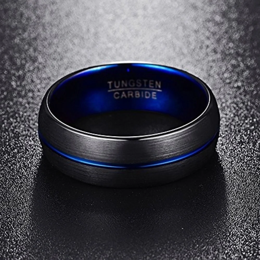 Black Tungsten Thin Blue Line Police Ring Band - Picture 4 of 8